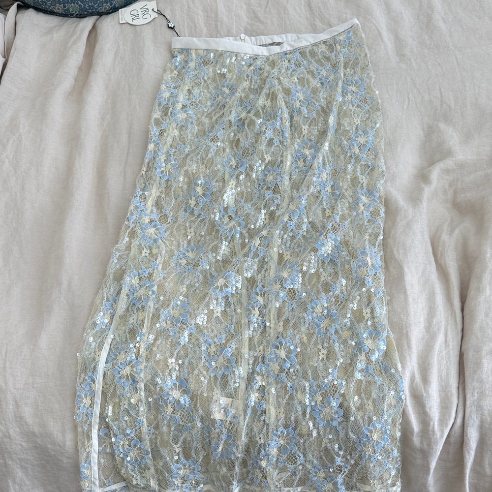 Elegant A-Line Skirt with Blue Floral Lace
